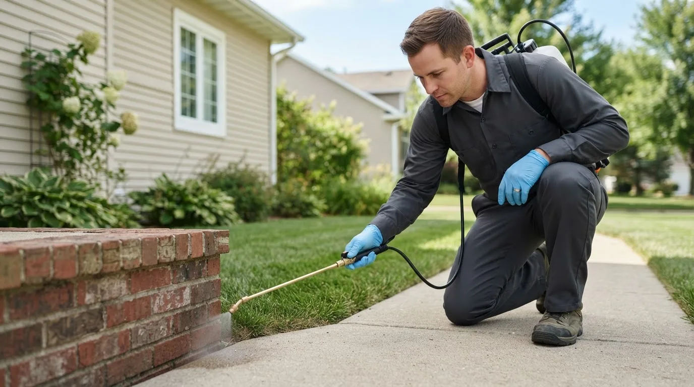 Pest control technician treating a home near Dripping Springs, TX