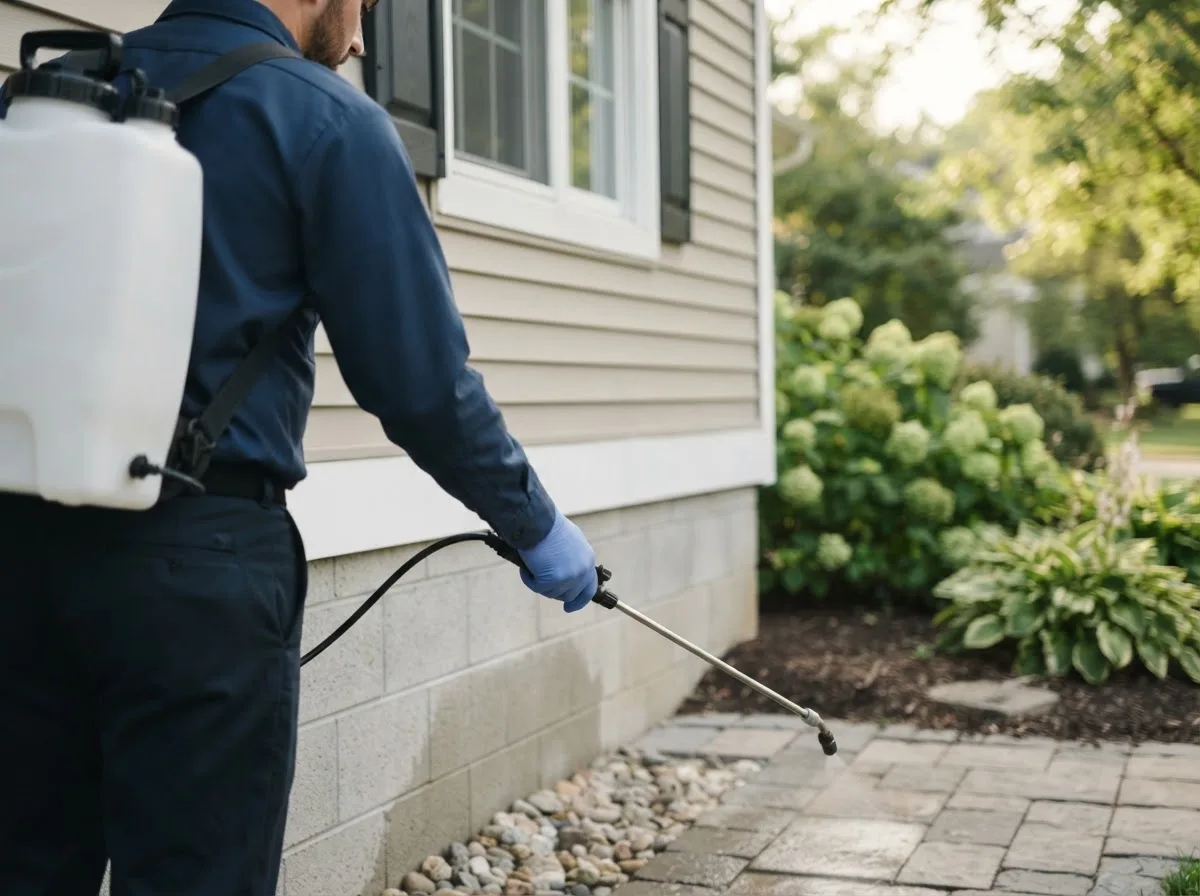 Pest control technician inspecting a home in Dripping Springs, TX
